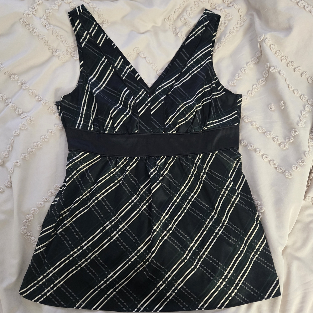 Black and White Plaid V Neck Tartan Blouse